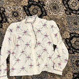 Sezane Cream Blouse with Floral Embroidery linen